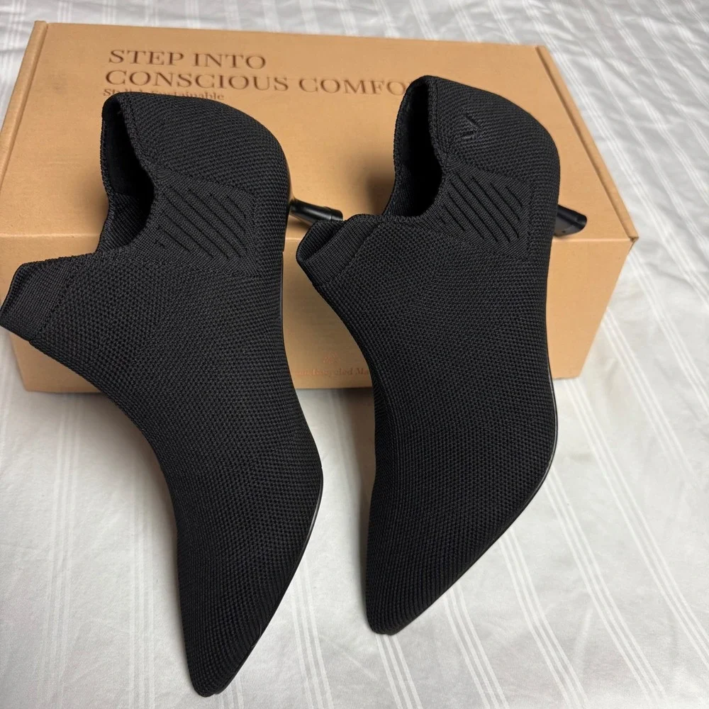 Vivaia Kitten Heel Ankle Boots Knit Pointed Toe Black Booties Size 6 EUR‎ 36
